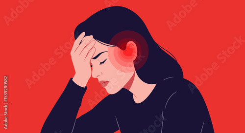 Young woman in dark hoodie sitting in quiet introspection with dark wavy hair against red background