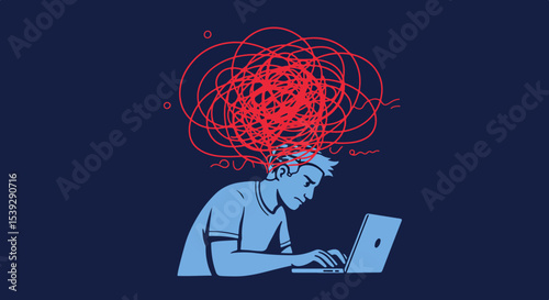 Person working on laptop with chaotic red lines above head