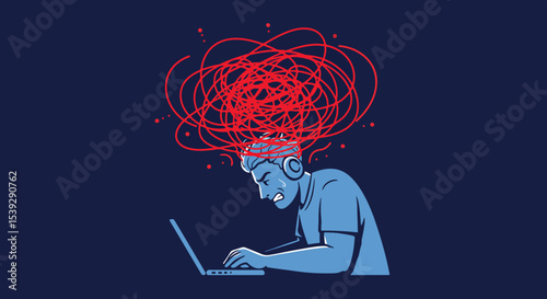 Stressed man working on laptop with chaotic thought lines in digital illustration