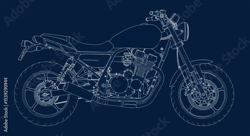 Detailed blue motorcycle illustration with visible mechanical components