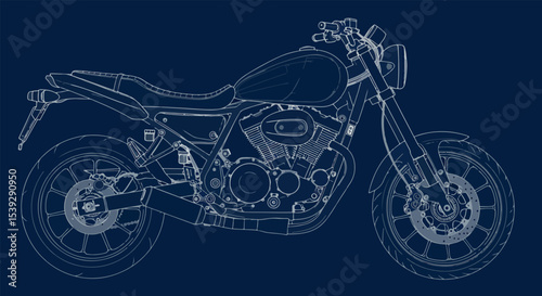 Vivid blue motorcycle illustration with detailed mechanical components on deep blue background