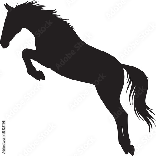 Silhouette of a horse rearing up on its hind legs against a plain white background in a simple design