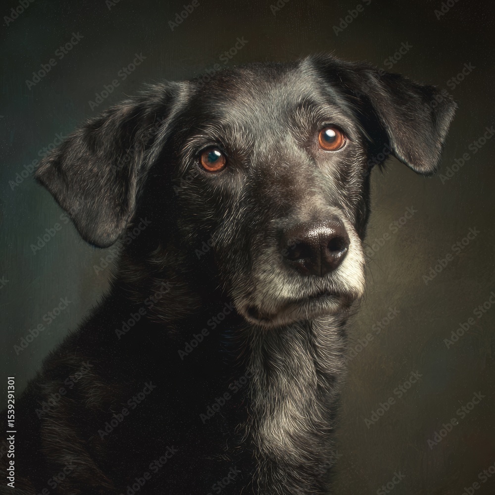 custom made wallpaper toronto digitalA portrait of a black dog, featuring expressive eyes and a gentle demeanor. The dog's coat is a deep black, and it has a hint of gray around the muzzle