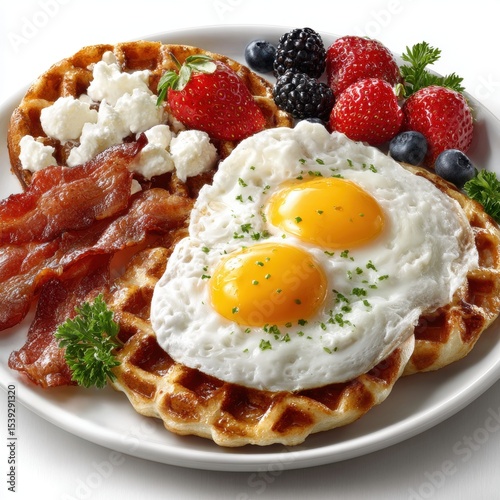 Breakfast Waffles with Fried Eggs, Bacon, Cottage Cheese and Berries