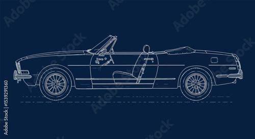 Classic convertible car illustration in profile with dark blue background