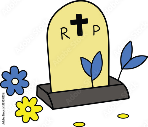 Rest in Peace A Simple Illustration of a Tombstone with Flowers