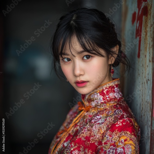 A woman wearing a traditional dress looks thoughtfully at the viewer. She stands beside an old wall with some letters. The light is dim, giving the image a strong feel photo