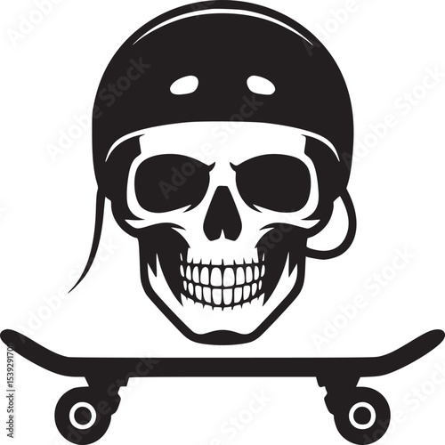 A graphic illustration of a skull wearing a helmet on a skateboard in black and white style art