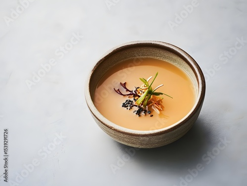 Small bowl of miso soup with delicate, clean garnishing, presented simply and elegantly.