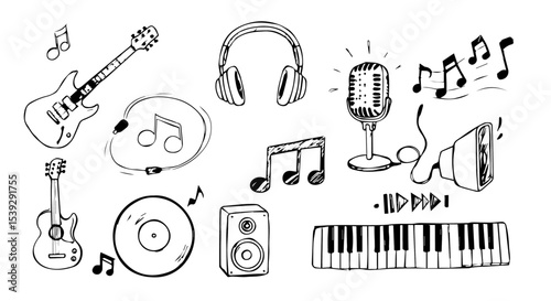 Hand Drawn Music Instruments and Icons Guitar Keyboard Headphones Microphone Vinyl Record Music Notes