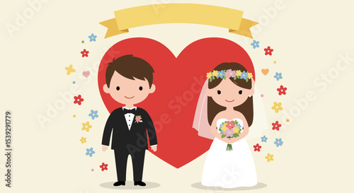 Illustration of a young couple holding hands in front of a large red heart on their wedding day