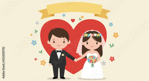 Young couple in formal wedding attire holding hands with red heart and yellow banner