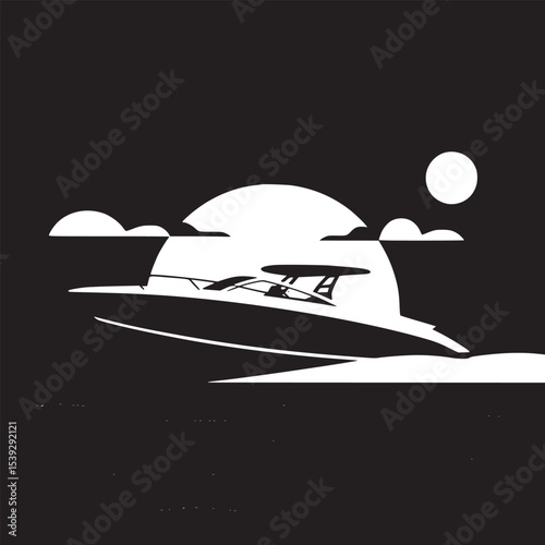 Illustration of a motorboat sailing on the sea during sunset with clouds and sun in the sky
