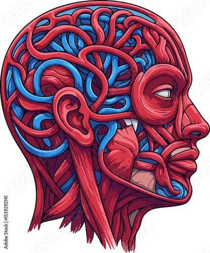 Surreal illustration of a human head with an intricate network of rope-like structures inside the skull