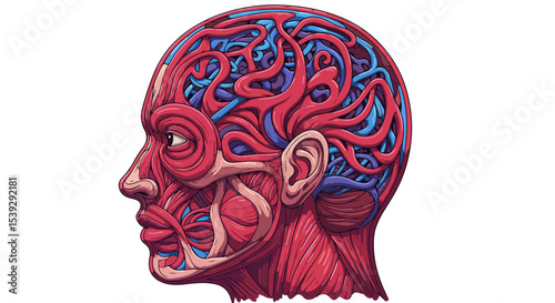 Abstract illustration of a human head with intricate brain and facial patterns