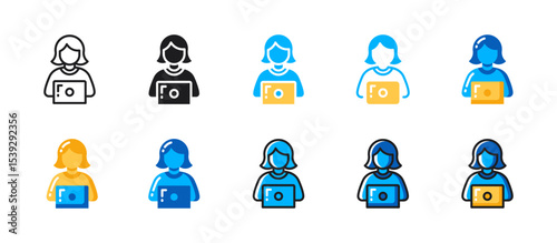 Female employee icon for office staff, remote work, businesswoman, IT professional, corporate workforce, and female staffer in modern vector format.