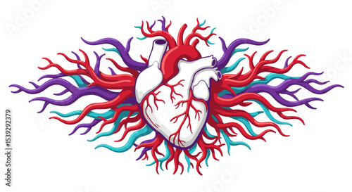 Anatomical illustration of a human heart with color-coded blood vessels