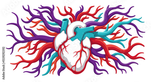 Illustration of the human heart with intricate neural networks in red, blue, and green