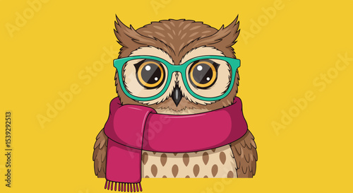Whimsical cartoon owl with glasses and scarf on yellow background