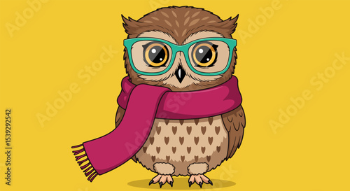 Cartoon owl with teal glasses and pink scarf on yellow background