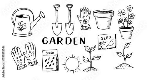 Delightful hand-drawn gardening elements showcase tools, plants, seeds, and flowers perfect for spring projects and nature-themed designs.