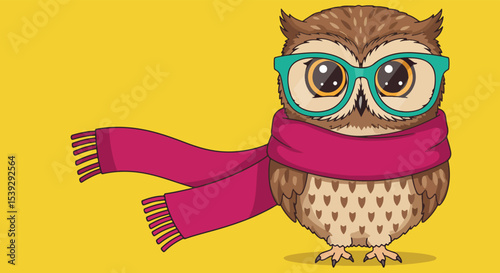 Whimsical owl with teal glasses and pink scarf on vivid yellow background