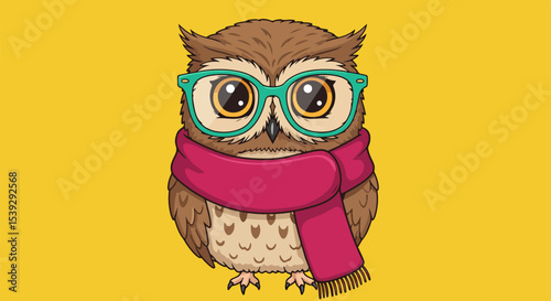 Whimsical owl with green glasses and pink scarf on vivid yellow background