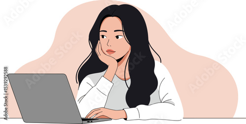Young woman with long dark hair working on a laptop in a pink gradient background