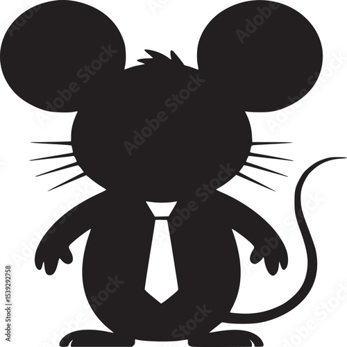 Silhouette of a mouse wearing a tie standing on a white background in a cartoon style image