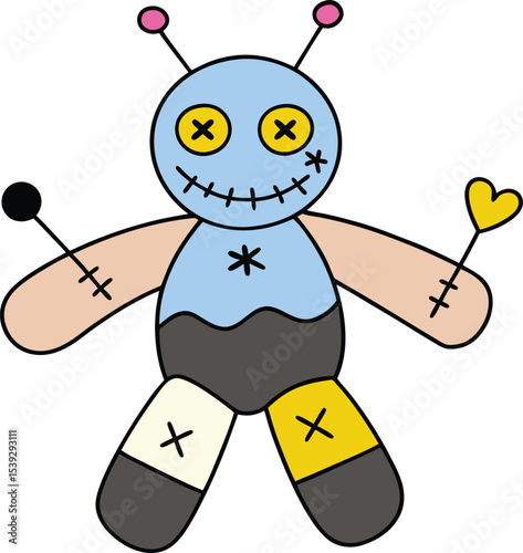 Whimsical Stitched Voodoo Doll Illustration Cute and Spooky Design