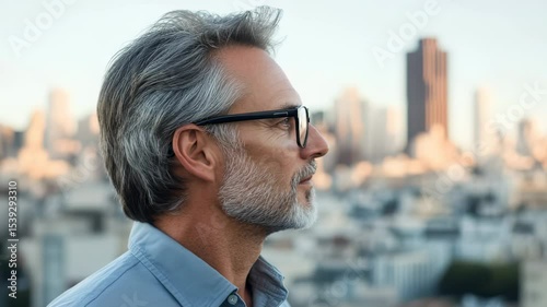 Portrait of a mature man with glasses looking at the San Francisco skyline