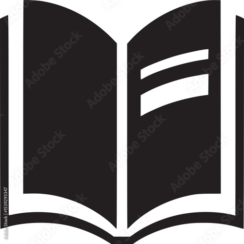 A simple black and white graphic of an open book with two white lines on the right page side view