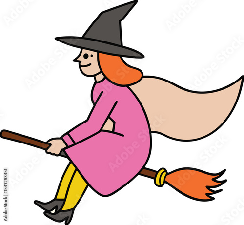 Whimsical Witch on a Flying Broom Halloween Illustration