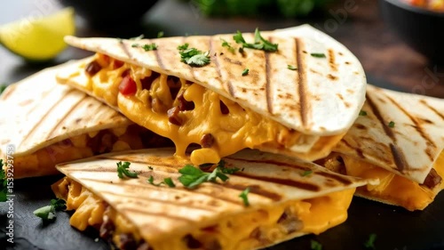 Stack of tempting quesadillas with dripping melted cheese, beans, and tomatoes, served with salsa and fresh lime on dark slate