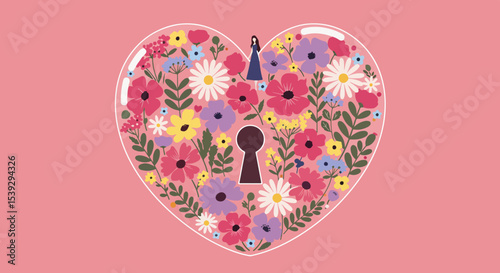Illustration of a heart filled with colorful flowers and a keyhole, featuring a female silhouette in a blue gown