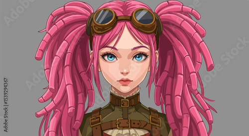 Young woman with pink dreadlocks in steampunk outfit with goggles on head