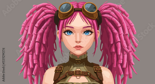 Female character with pink spiky hair, goggles, and brown leather corset outfit