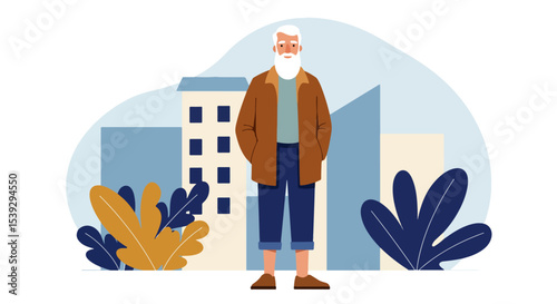Elderly man with white beard and mustache standing in urban environment with abstract cityscape and stylized leaves