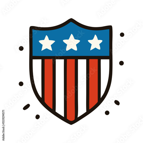 A stylized shield featuring the American flag design with stars and stripes.