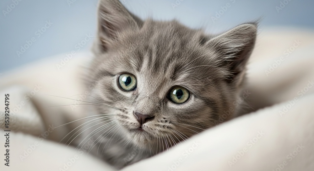 Fototapeta premium Adorable Gray Kitten A Close-Up Portrait of a Fluffy Grey Cat