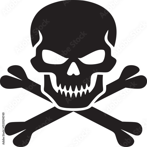 A black skull and crossbones design on a white background in a simple graphic illustration style