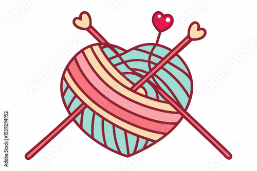 Black and white line art illustration of a ball of yarn with a crochet hook and a heart-shaped thread loop. 