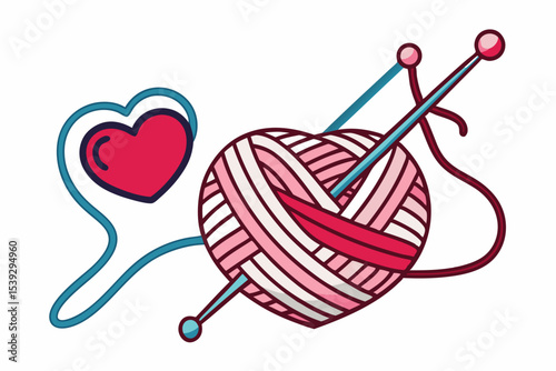 Black and white line art illustration of a ball of yarn with a crochet hook and a heart-shaped thread loop. 