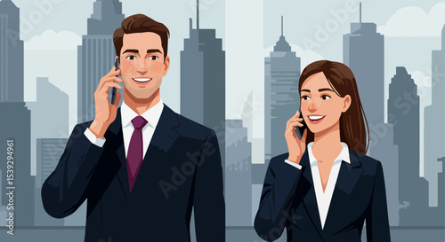 Business professionals on phone calls in front of city skyline