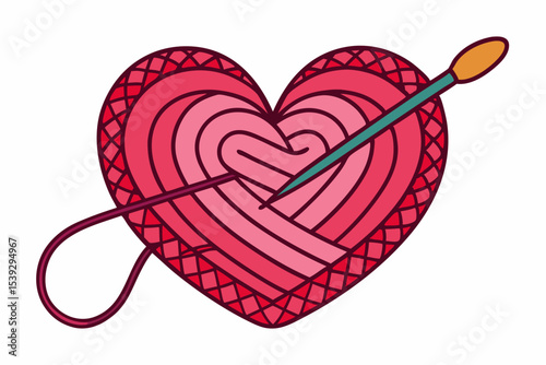 Black and white line art illustration of a ball of yarn with a crochet hook and a heart-shaped thread loop. 
