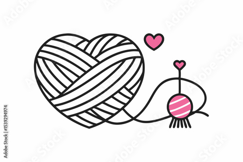 Black and white line art illustration of a ball of yarn with a crochet hook and a heart-shaped thread loop. 