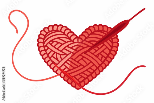 Black and white line art illustration of a ball of yarn with a crochet hook and a heart-shaped thread loop. 