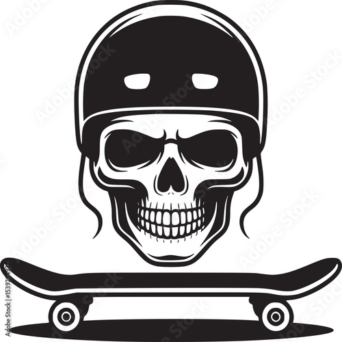 Skull wearing helmet on skateboard in black and white graphic illustration design on beige background