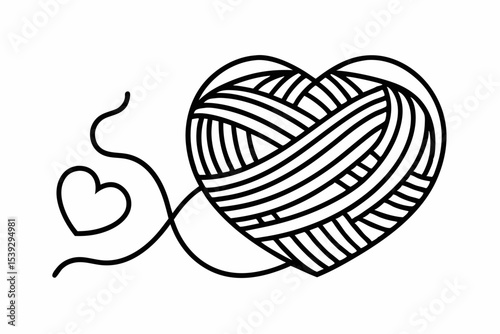 Black and white line art illustration of a ball of yarn with a crochet hook and a heart-shaped thread loop. 