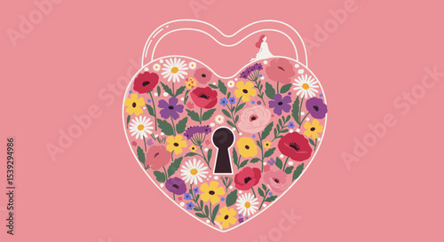 Heart-shaped padlock with colorful flowers on pink background